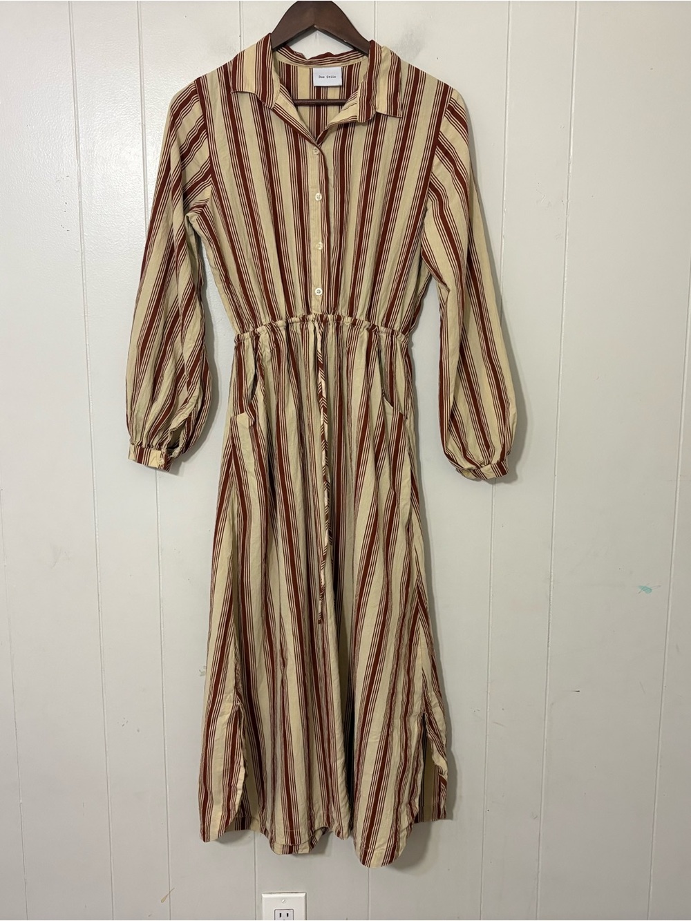Rue Stiic Striped Cotton Maxi Dress Long Sleeve Button Front Size M Boho
